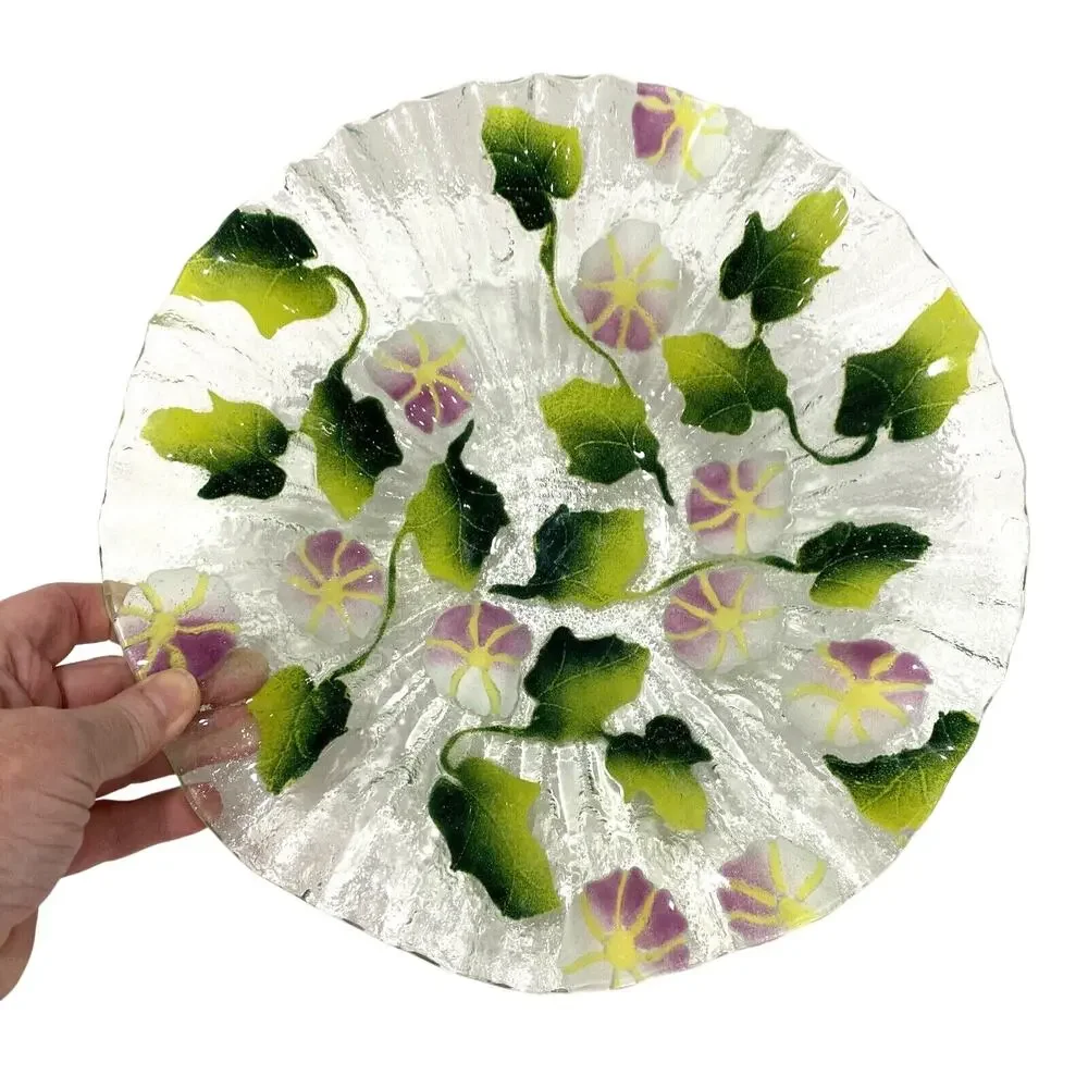 Kali Studio Fused Art Glass Pink & Green Floral Fruit Bowl Ruffle Edge Dish Bowl